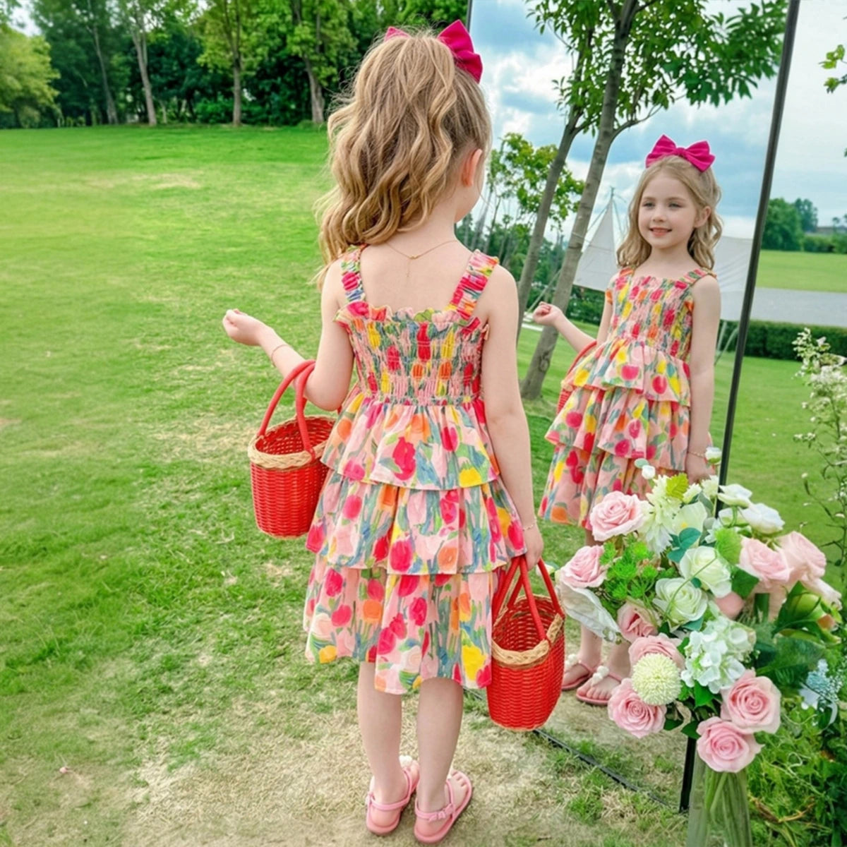 Girls Multicolor Floral Printed Sleeveless Smocked Layered Dress Casual Dresses