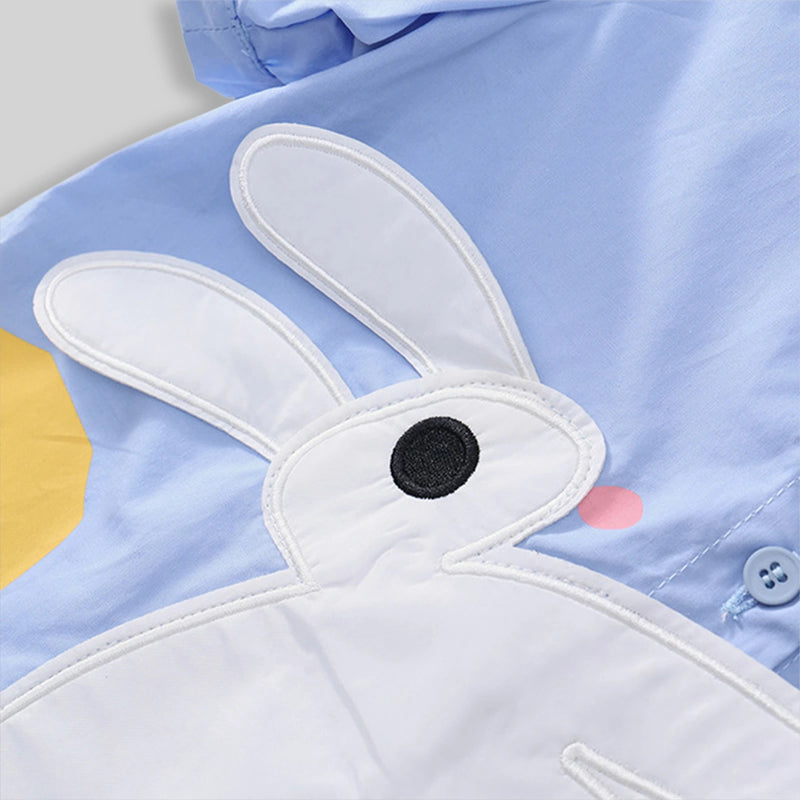 Girls Sky Blue Bunny Applique Puff Sleeve Shirt Dress Casual Dresses