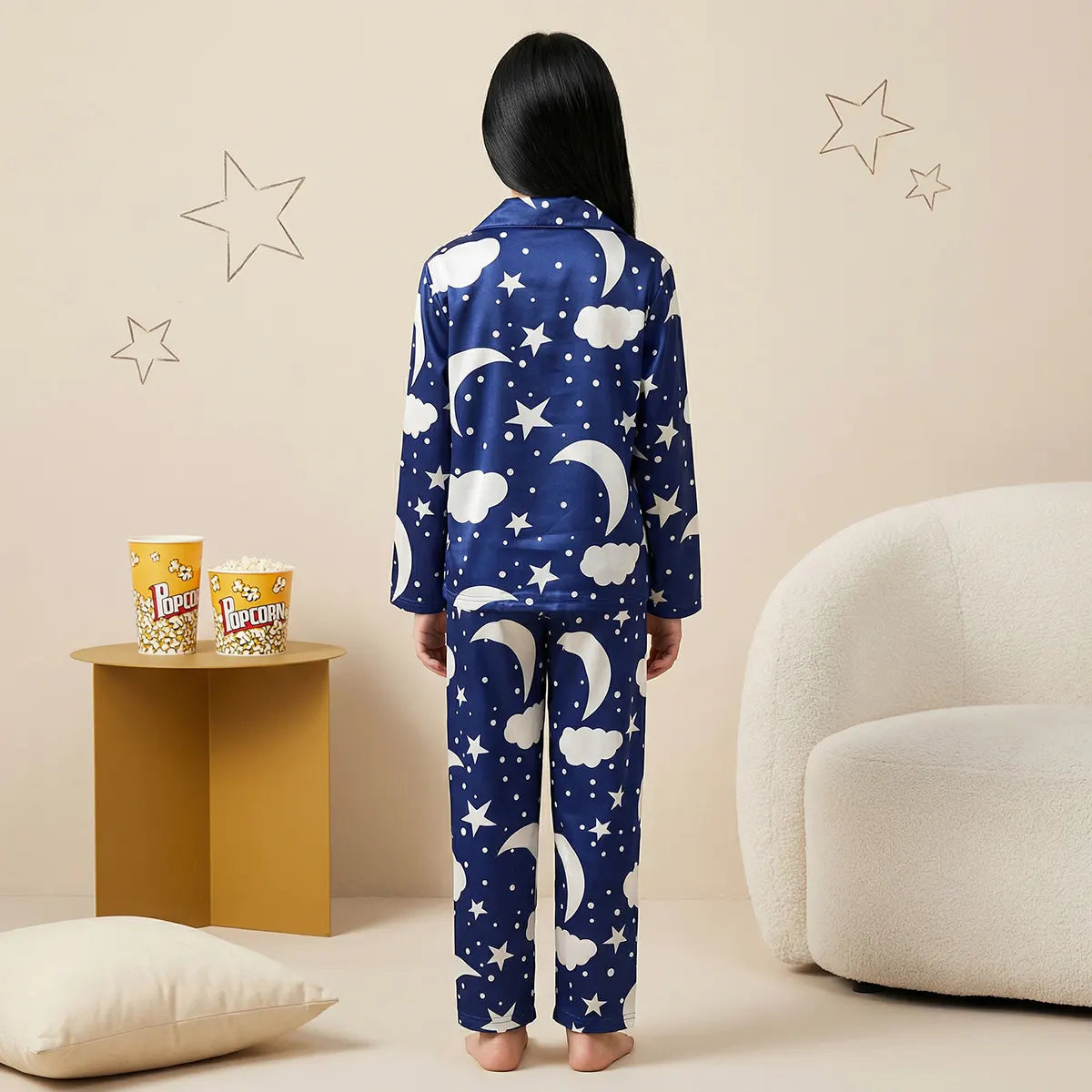 Girls Blue Star & Cloud All-over Printed Button-down Shirt With Pajama Co-ord Sets Sets
