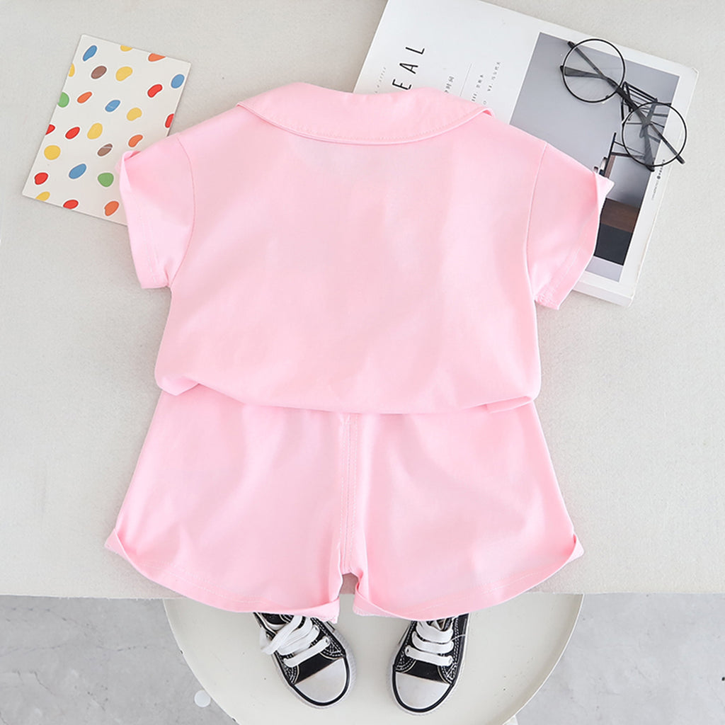 Girls Pink 3D Applique Polo T-shirt With Shorts And Hairclips Set 2 pc. Sets