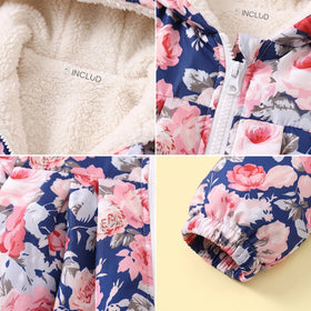 Girls Navy Blue Floral Print Long Sleeve Hooded Jacket Coats & Jackets