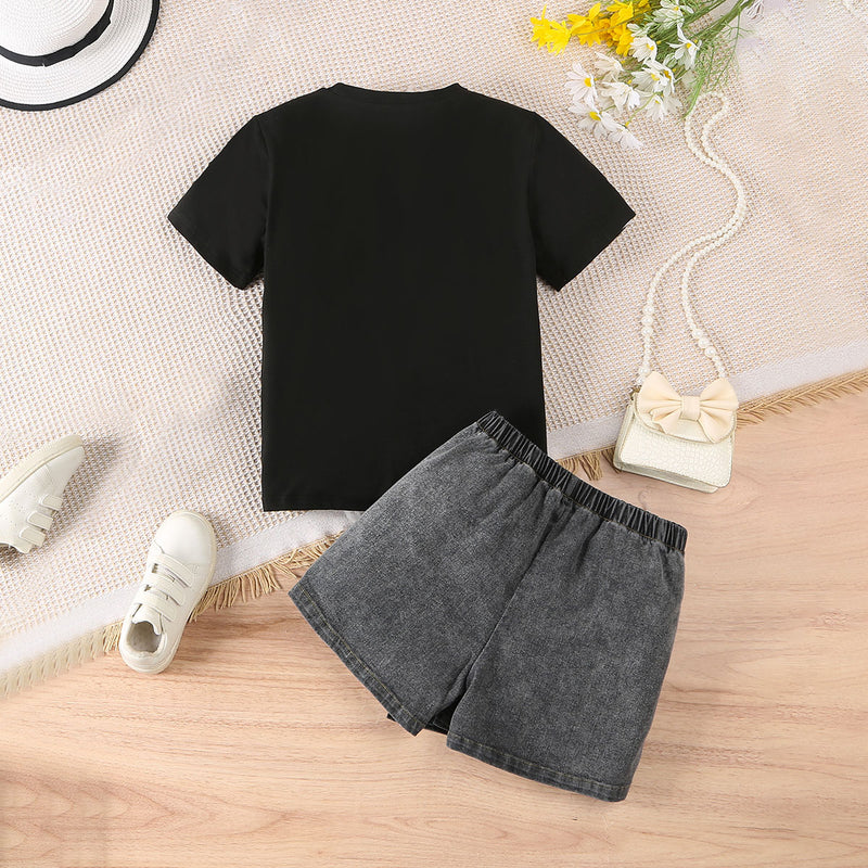 Girls Black Typographic Printed Short Sleeves T-Shirt With Denim Skorts Set 2 pc. Sets
