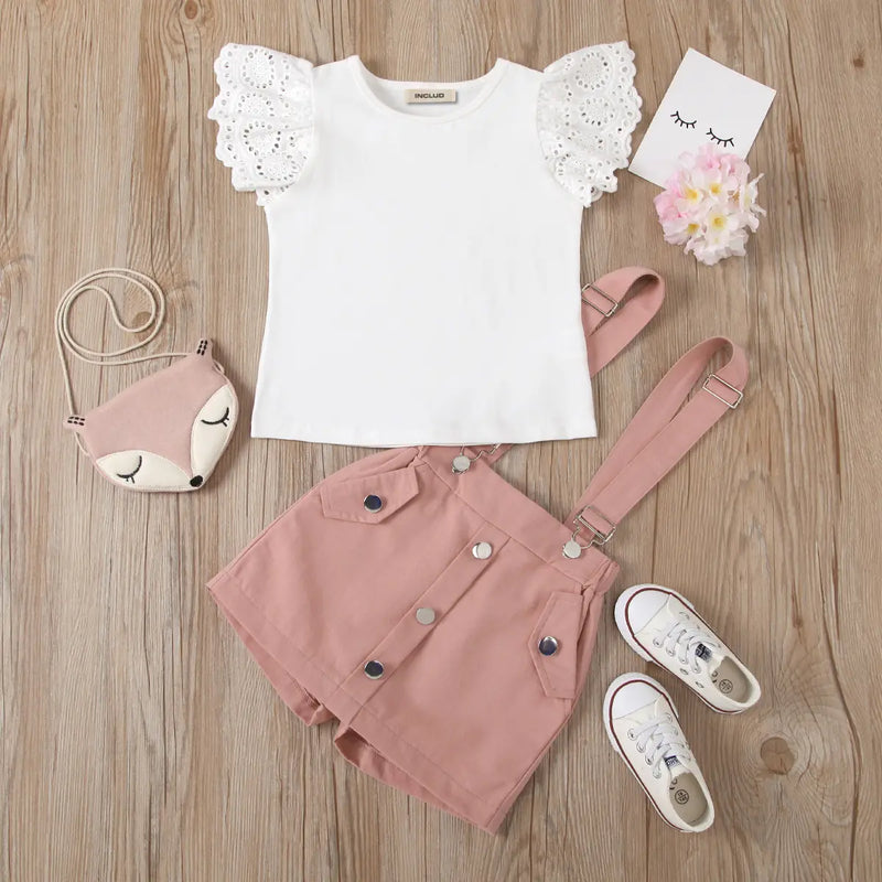 Girls Schiffli Flutter Sleeves Top With Peach Suspenders Skorts Sets Sets Peach 1-2 Y