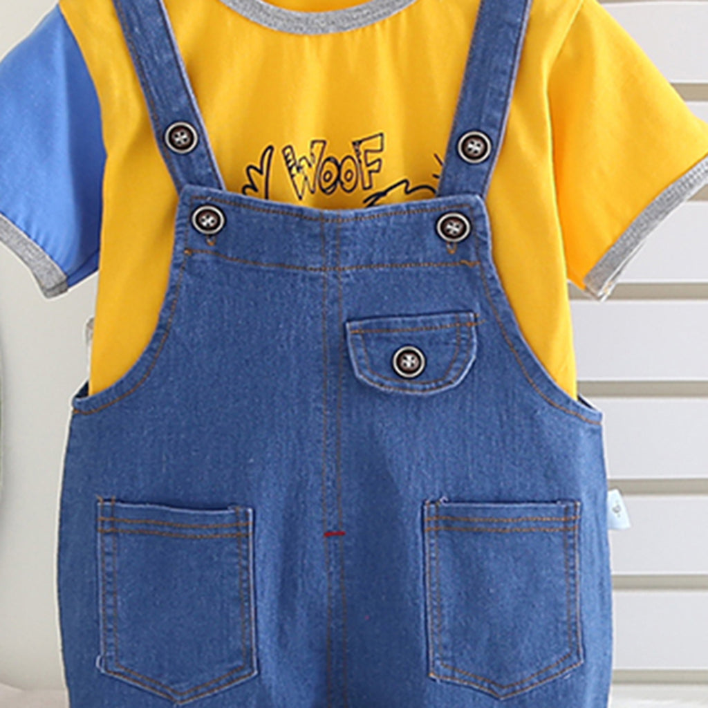 Boys Yellow Short Sleeves Round Neck T-Shirt With Denim Dungaree Set 2 pc. Sets