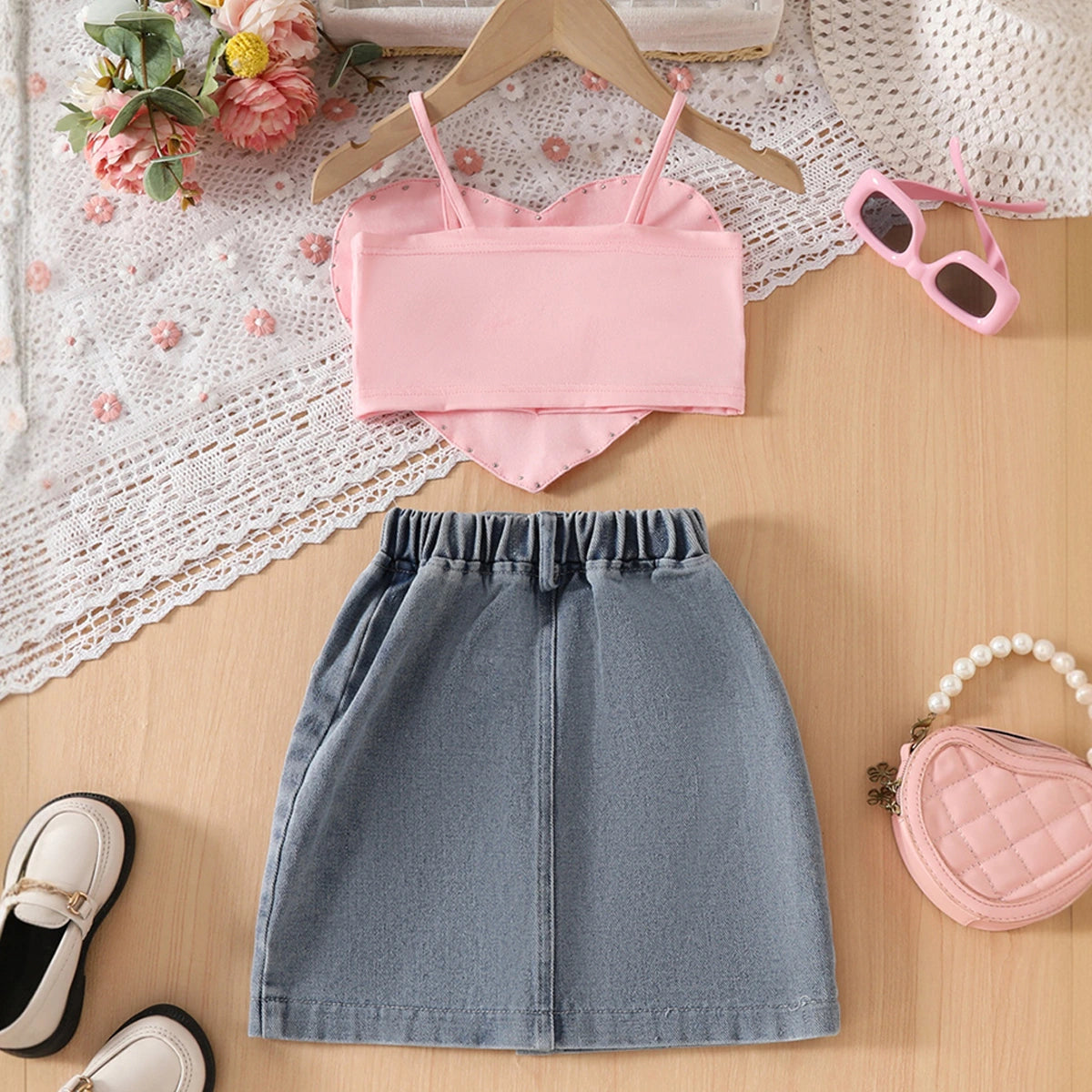 Girls Peach Heart Applique Crop Top With Denim Skirt Sets Sets