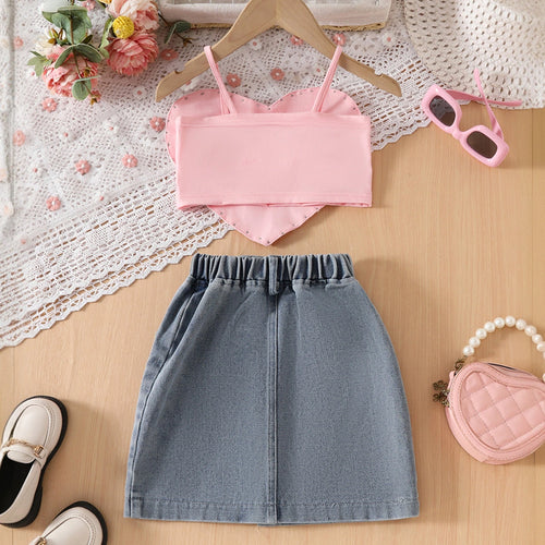 Girls Peach Heart Applique Crop Top With Denim Skirt Sets Sets