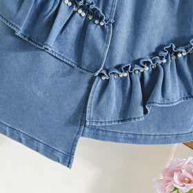 Girls Blue Light Wash Sleeveless Top With Elasticated Skirts Sets 2 pc. Sets