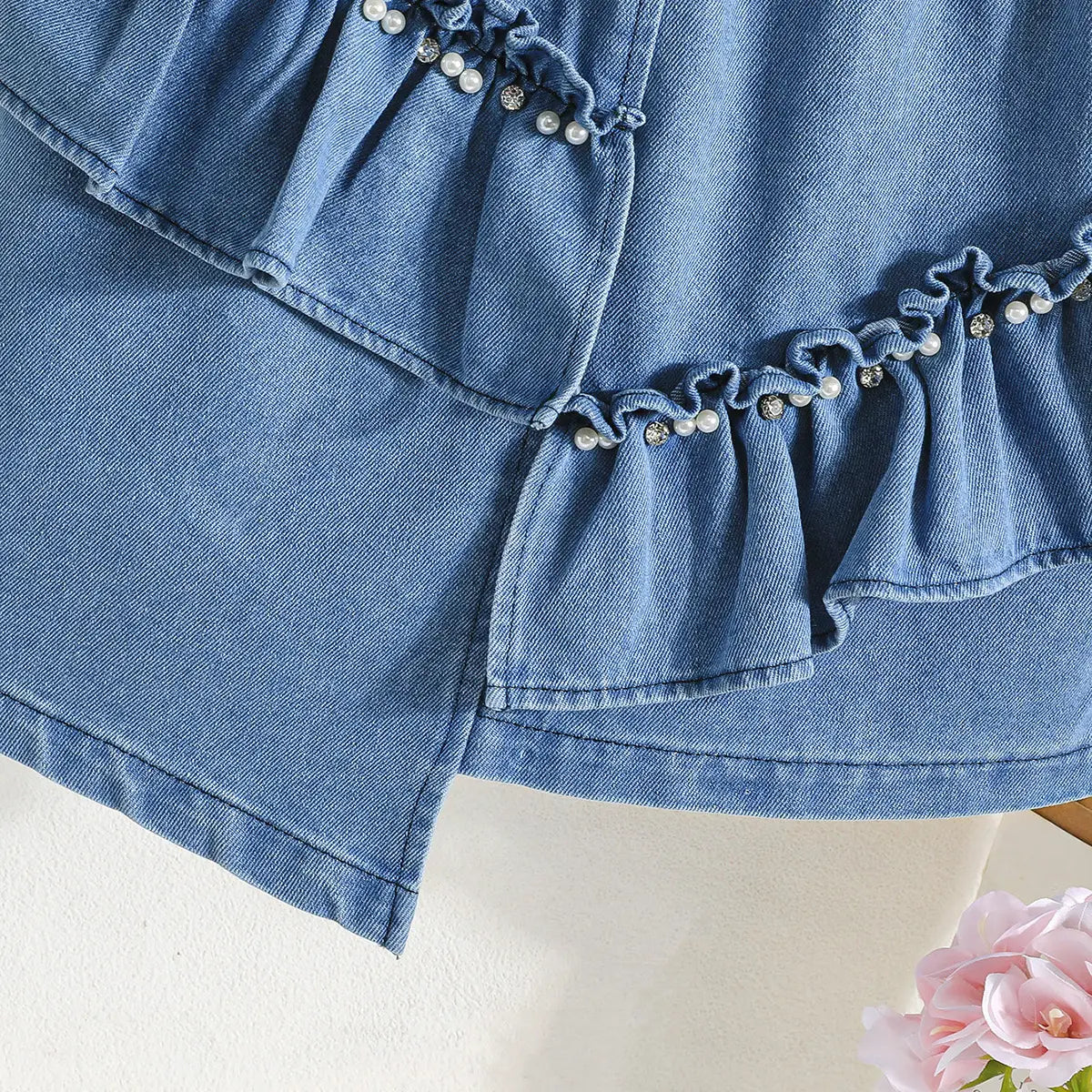 Girls Blue Light Wash Sleeveless Top With Elasticated Skirts Sets 2 pc. Sets