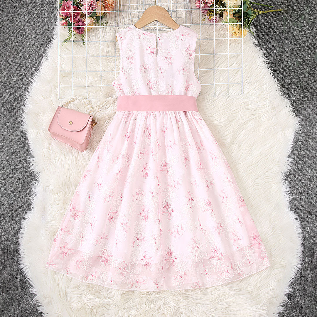 Girls Pink Flower Print Sleeveless Fit & Flare Dress Casual Dresses