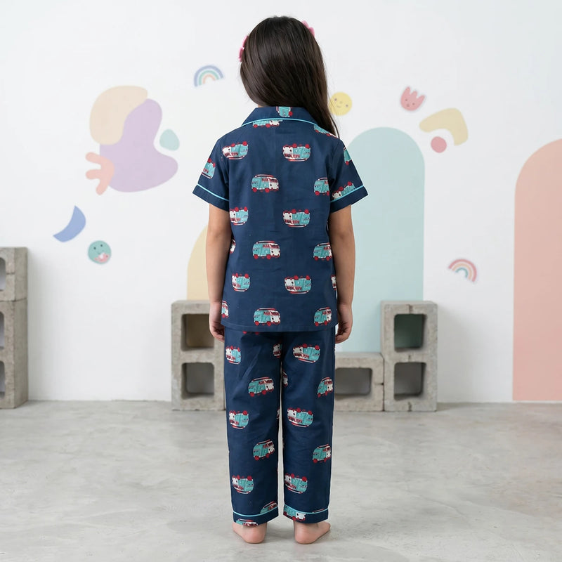 Girls Navy Blue Car Printed Short Sleeve Shirt With Printed Pyjama Sets Sets