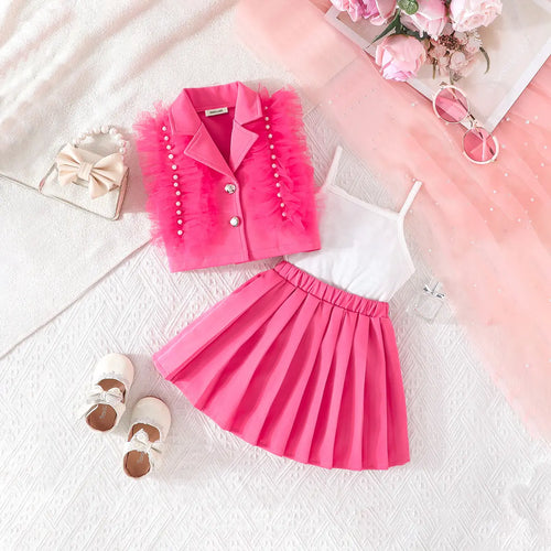 Girls Fuchsia Embellished Ruffled Blazer Vest With Pleated Skirt & Camisole Top Sets Sets Fuchsia 2-3 Y