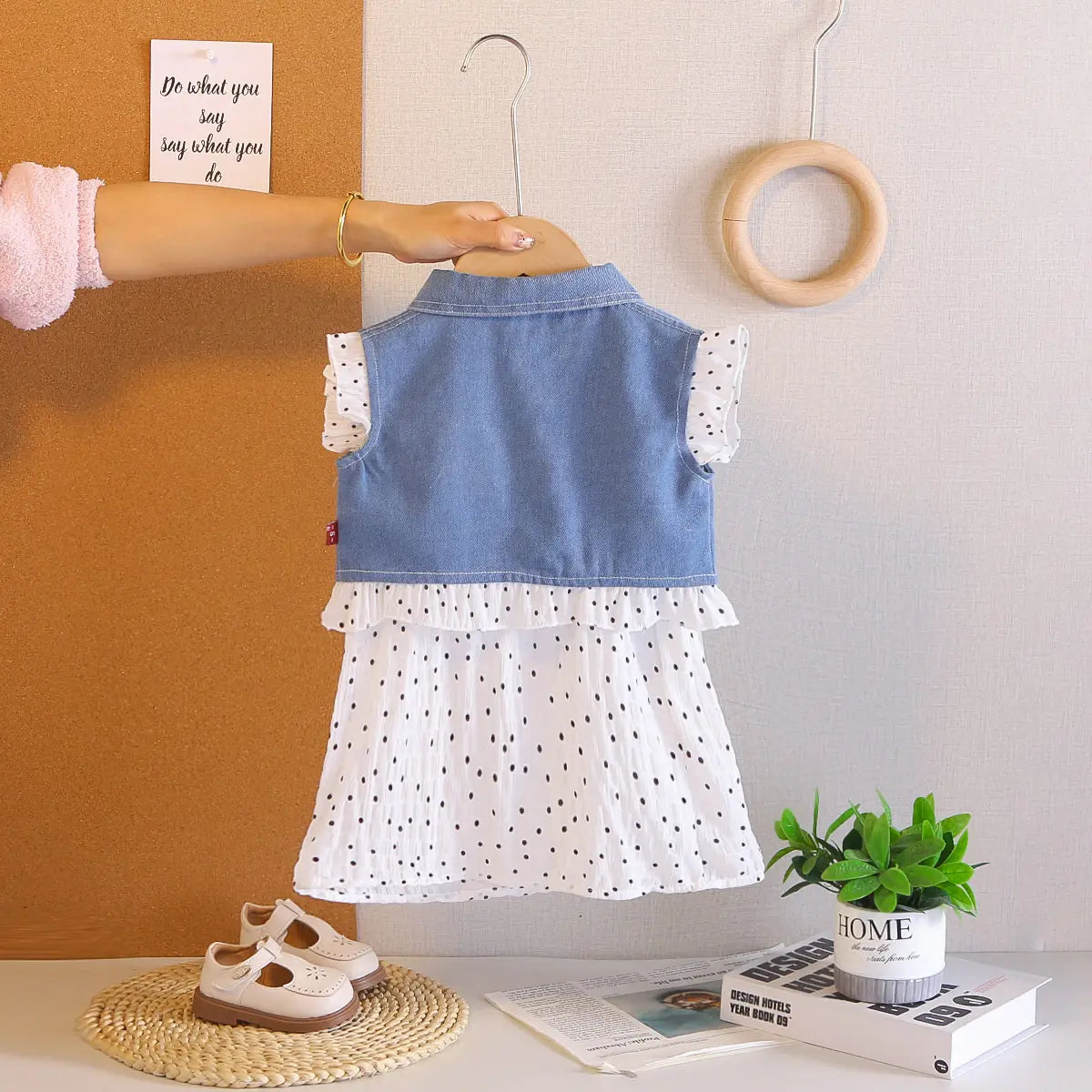Girls White Polka Dot Spaghetti Strap A-line Dress with Denim Jacket Casual Dresses