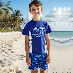 Boys Blue Fish Printed Short Sleeves T-Shirt & Shorts Swimsuit Sets Sets