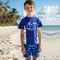 Boys Blue Fish Printed Short Sleeves T-Shirt & Shorts Swimsuit Sets Sets