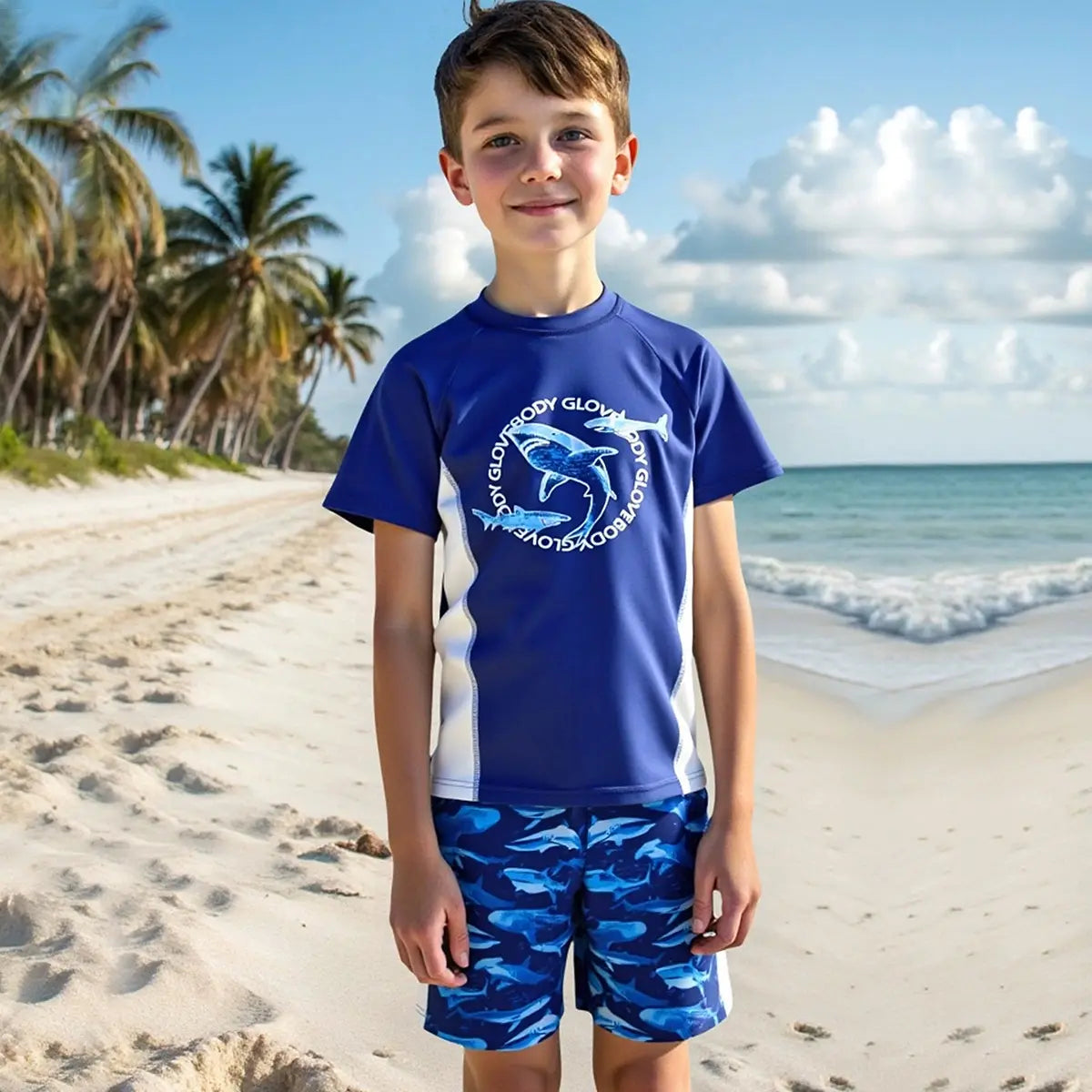 Boys Blue Fish Printed Short Sleeves T-Shirt & Shorts Swimsuit Sets Sets