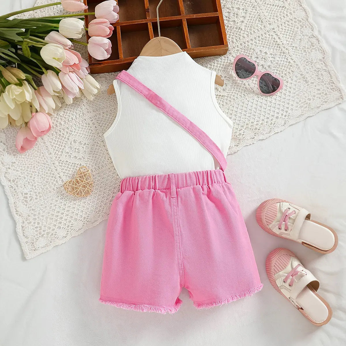 Girls White Angel Printed Sleeveless Top With Distress Short & Sling Bag Sets Sets