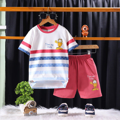 Boys White Cartoon Graphic Stripes T-Shirt With Elasticated Shorts Sets Sets White 1-2 Y