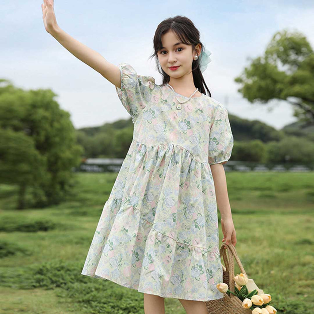 Girls Puff Sleeve Floral Print Fit & Flare Dress