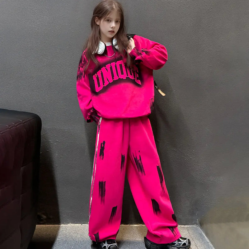 Girls Pink Typographic Printed Sweatshirt With Wide Leg Pant Sets Sets
