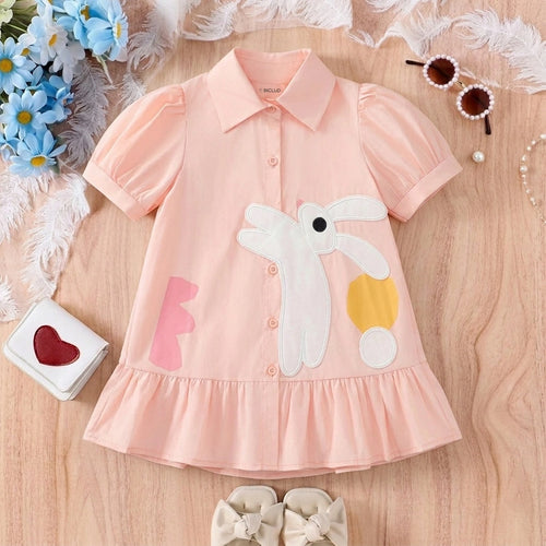 Girls Light Pink Bunny Applique Puff Sleeve Shirt Dress Casual Dresses Light Pink 2-3 Y