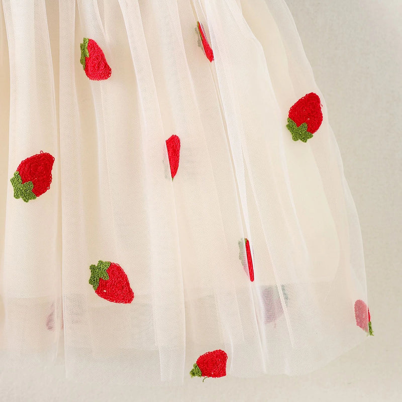 Girls Red Strawberry Embroidered Fit & Flare Dress Casual Dresses