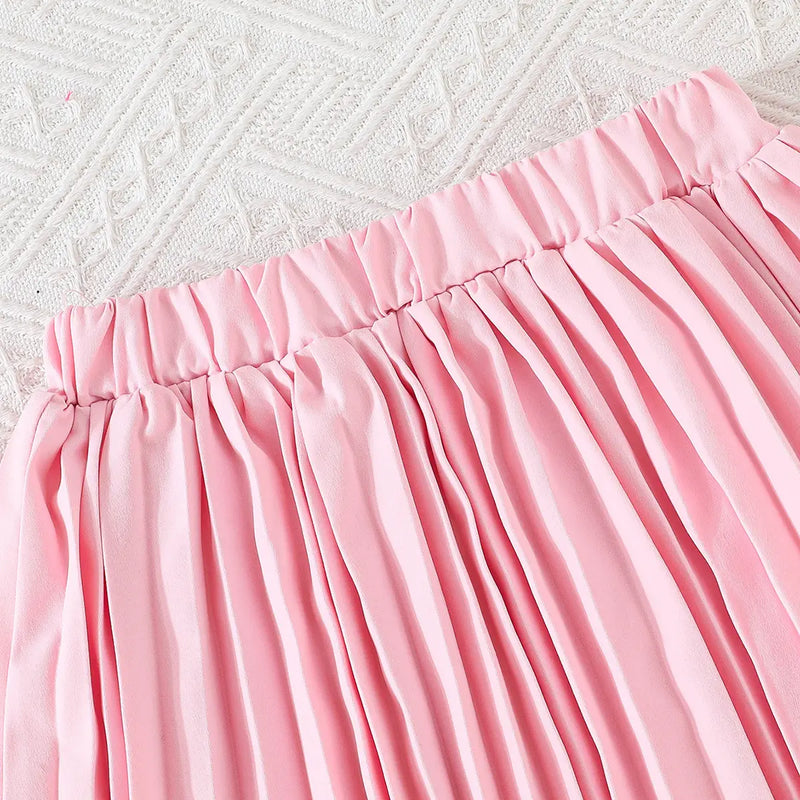 Girls Pink Flower Applique Short Sleeves Top With Pleated Skirts Co-ord Sets Sets