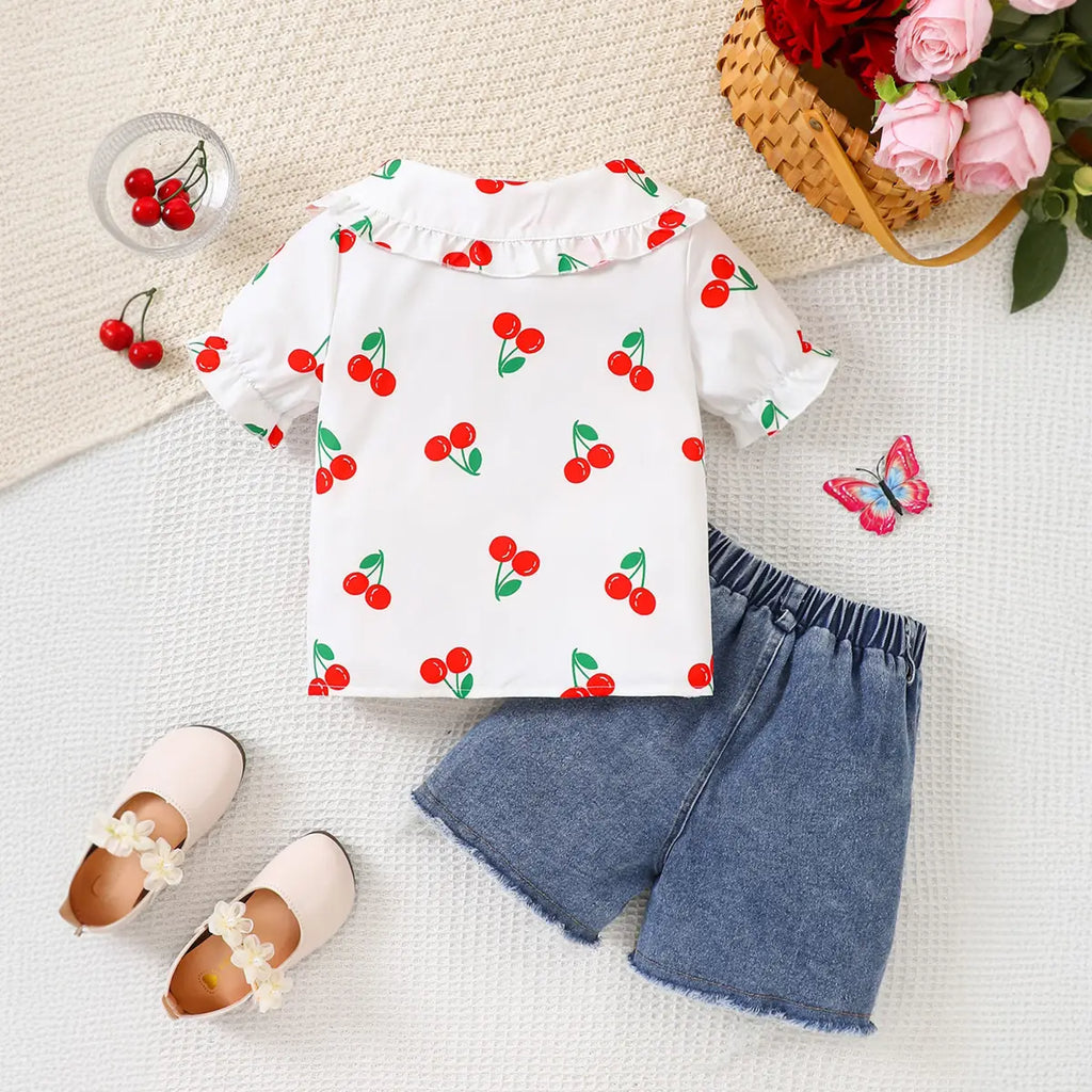 Girls White Cherry Printed Top With Denim Shorts Sets Sets
