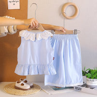 Girls Light Blue Sleeveless Ruffled Top With Pants Sets Sets