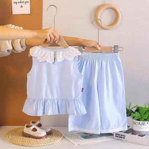 Girls Light Blue Sleeveless Ruffled Top With Pants Sets Sets