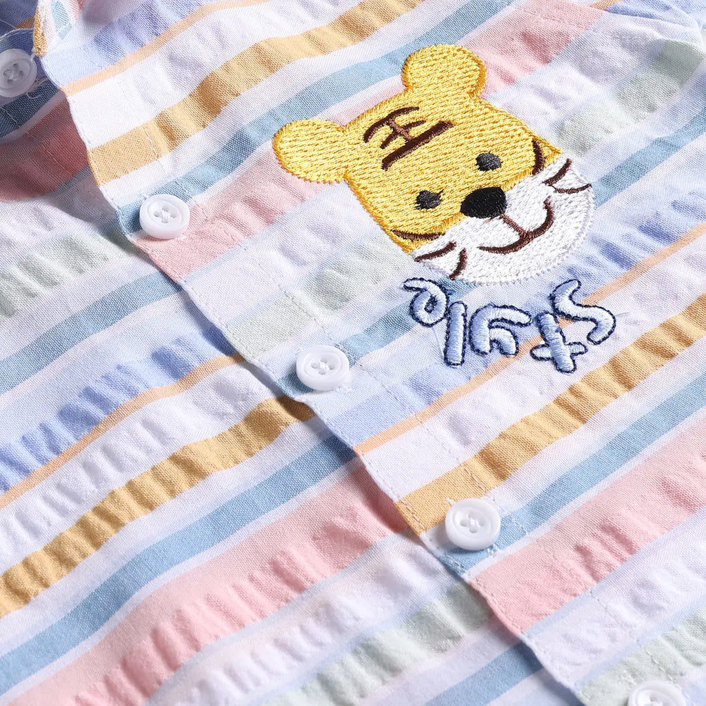 Boys Multicolor Stripes Lion Embroidery Shirt With Twill Shorts Sets 2 pc. Sets