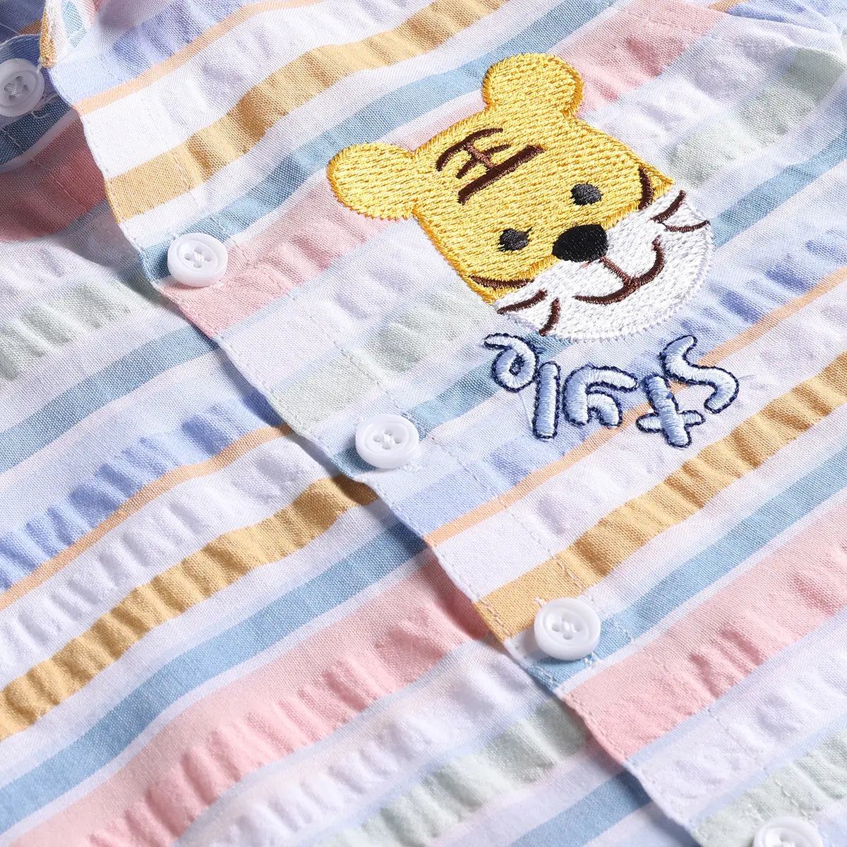 Boys Multicolor Stripes Lion Embroidery Shirt With Twill Shorts Sets 2 pc. Sets