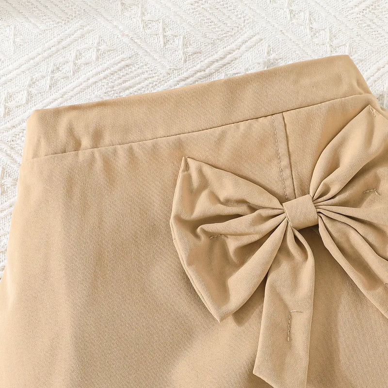 Girls Khaki Bow Applique Top With Elasticated Skirts Sets 2 pc. Sets