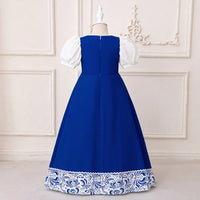 Girls Blue Ethnic Motifs Printed Trims Maxi Dress With Puff Sleeves Casual Dresses