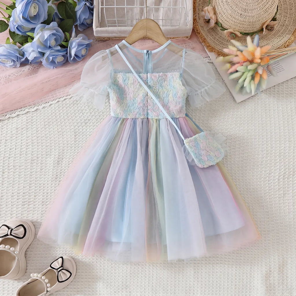 Girls Light Blue Tulle Overlay Fit And Flare Dress With Puff Sleeves Casual Dresses