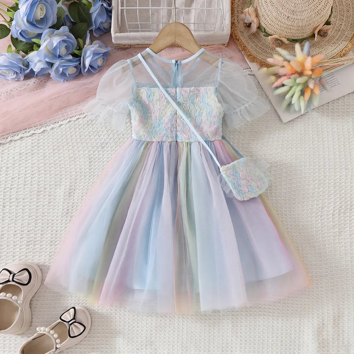 Girls Light Blue Tulle Overlay Fit And Flare Dress With Puff Sleeves Casual Dresses
