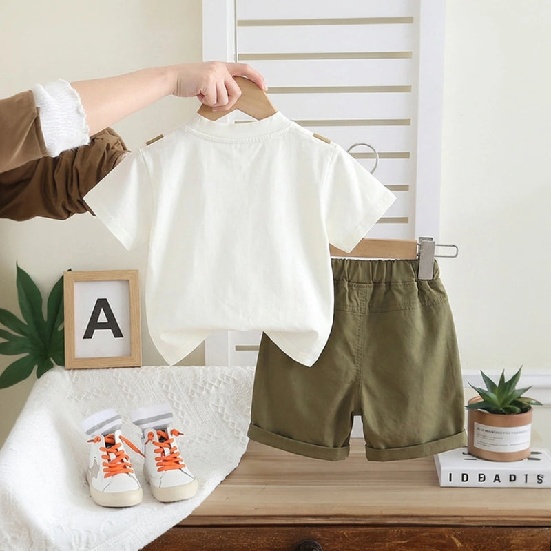 Boys Olive Green Typographic Printed Short Sleeve T-Shirt With Shorts Sets 2 pc. Sets