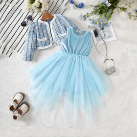 Girls Blue Velventeen Tulle Party Dress with Tweed Coat Party Dresses Blue 3-4 Y