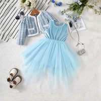 Girls Blue Velventeen Tulle Party Dress with Tweed Coat Party Dresses Blue 3-4 Y