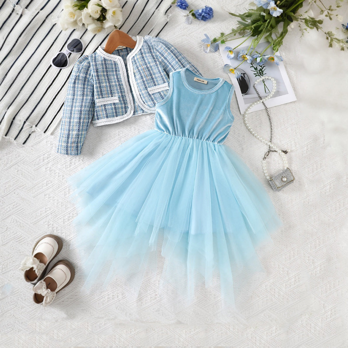 Girls Blue Velventeen Tulle Party Dress with Tweed Coat Party Dresses Blue 3-4 Y