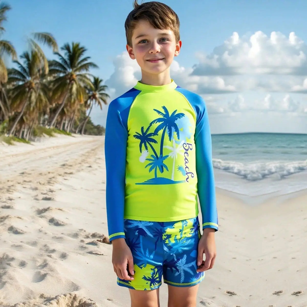 Boys Neon Tropical Printed Long Sleeves T-Shirt & Shorts Swimsuit Sets Sets