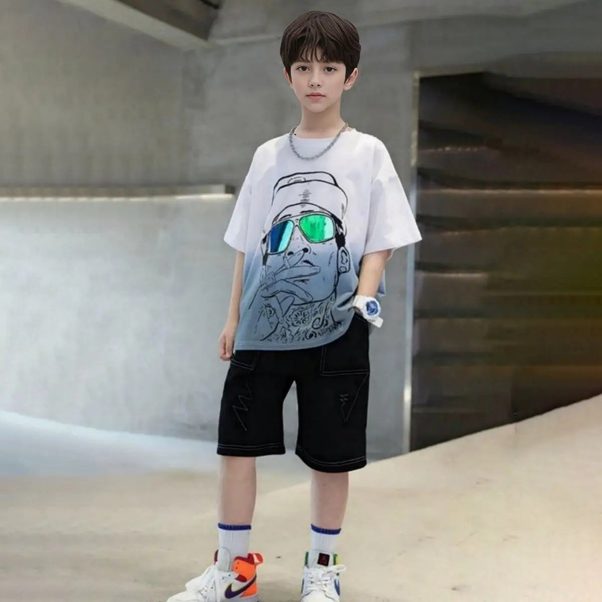 Boys White Graphics Short Sleeves T-Shirt With Shorts Set Sets White 5-6 Y