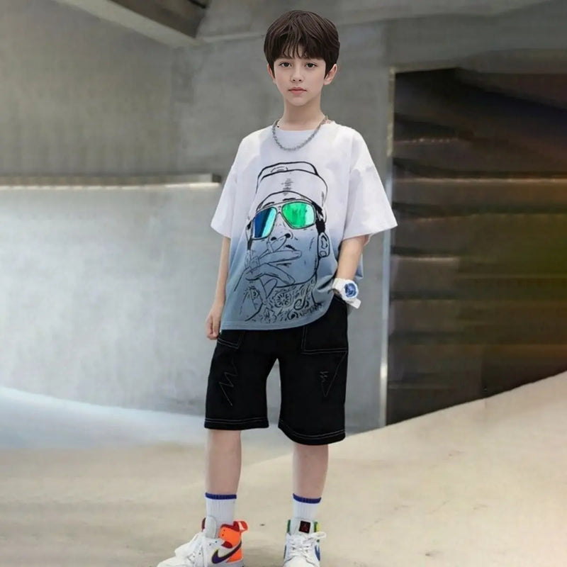 Boys White Graphics Short Sleeves T-Shirt With Shorts Set Sets White 5-6 Y