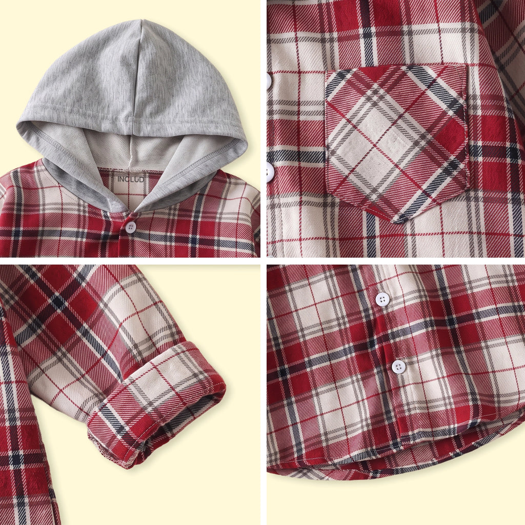 Boys Red Checked Long Sleeve Hooded Shirt Shirts