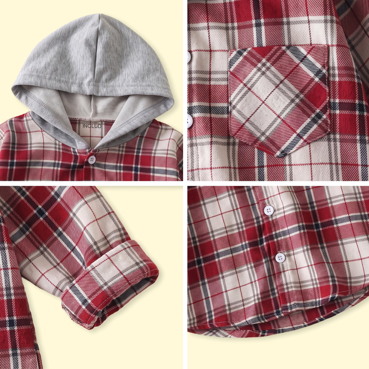 Boys Red Checked Long Sleeve Hooded Shirt Shirts