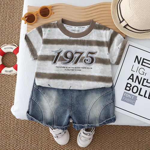Boys Brown Alphanumeric Print T-Shirt With Denim Shorts Set Sets Brown 1-2 Y
