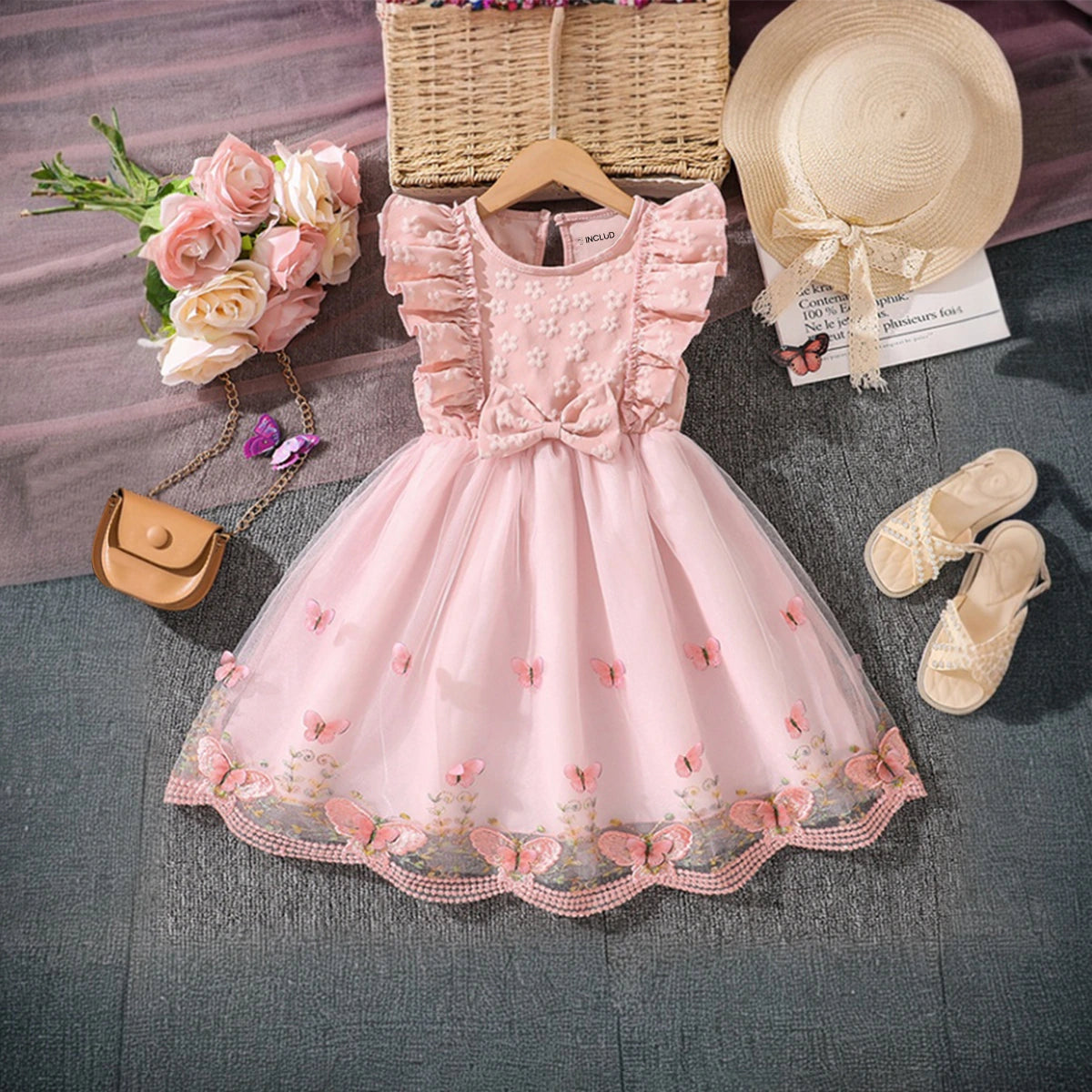 Girls Pink Butterfly Applique Flutter Sleeve Fit & Flare Party Dress Party Dresses Pink 2-3 Y