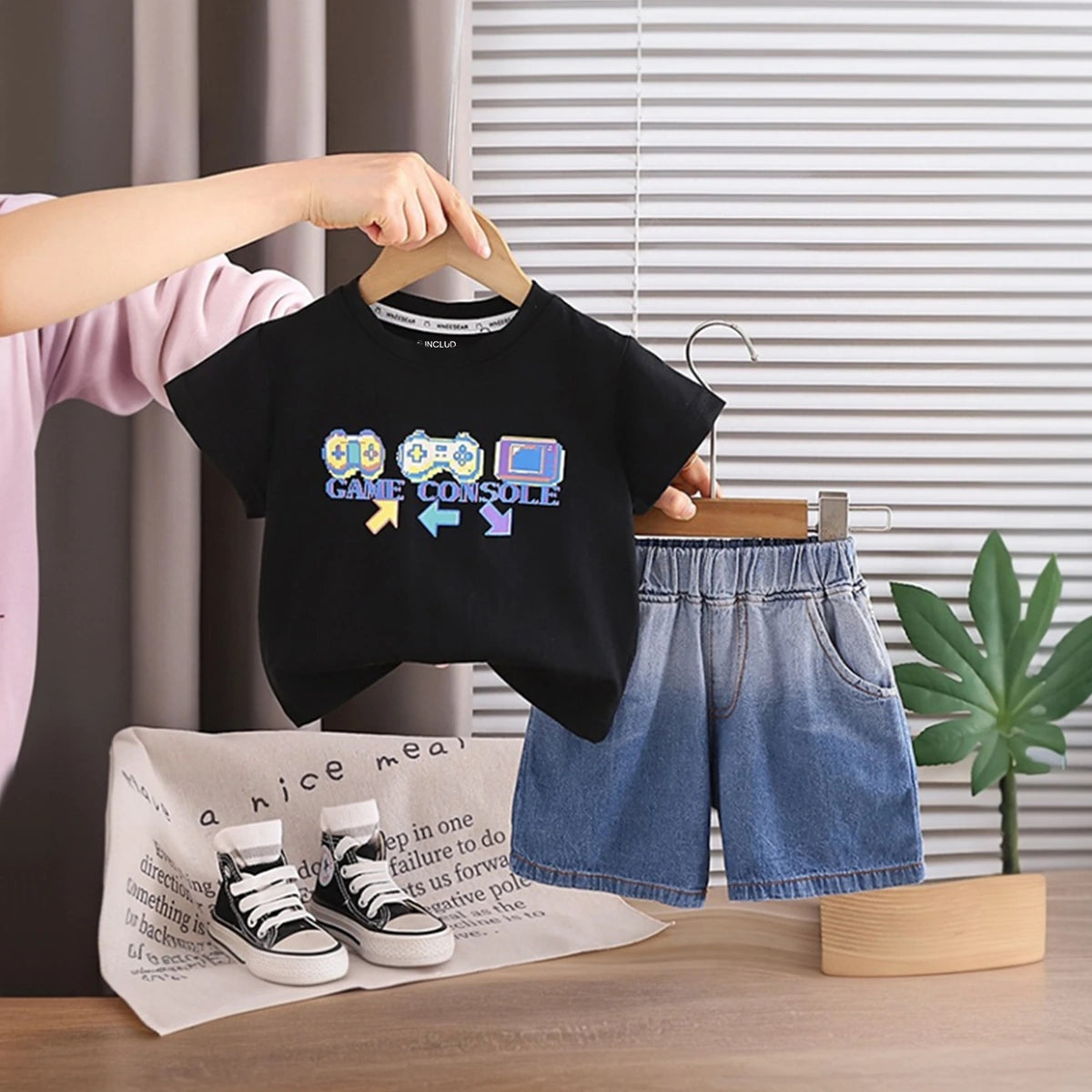 Boys Black Graphic Printed Short Sleeve T-Shirt With Denim Shorts Sets 2 pc. Sets Black 1-2 Y