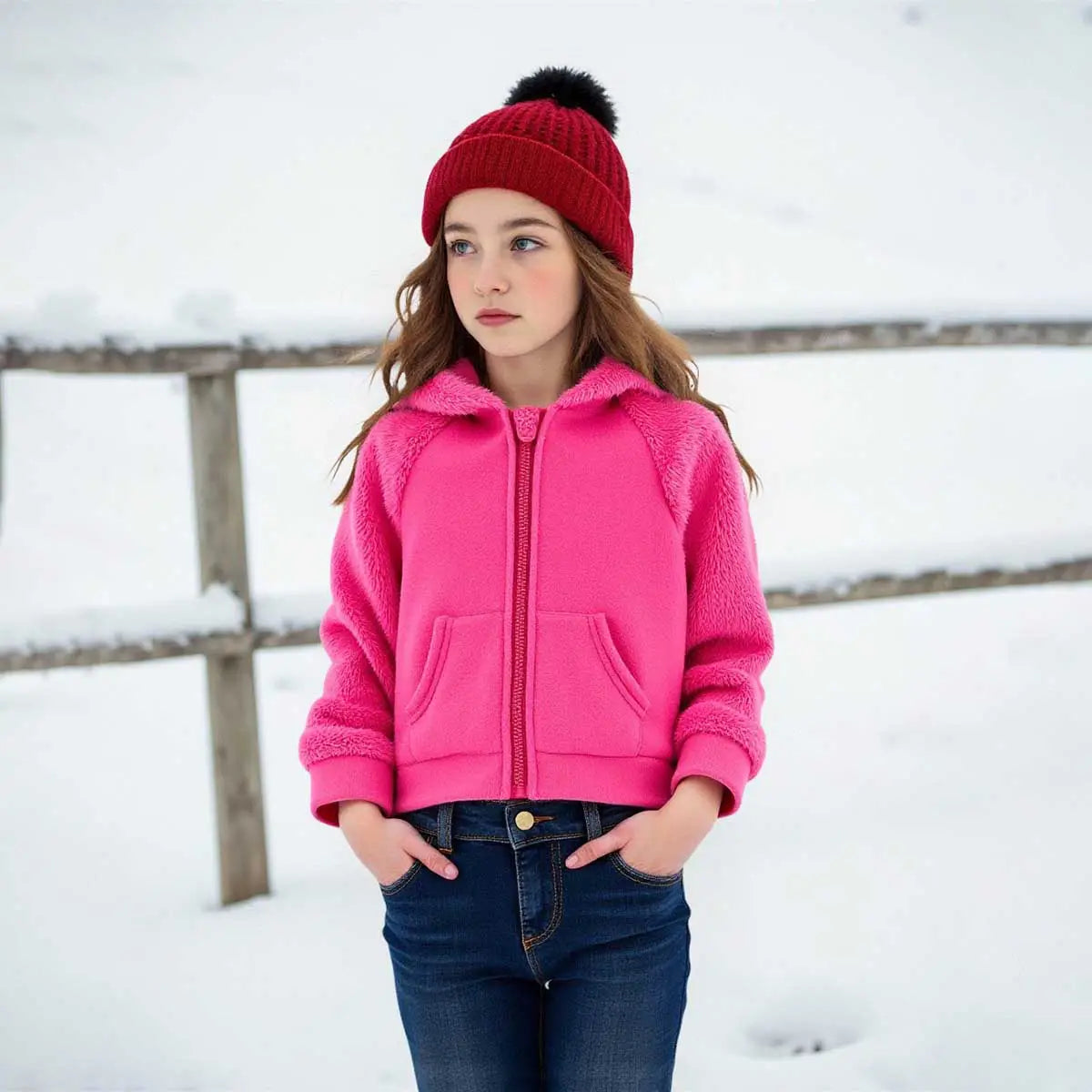 Girls Pink Fleece Hooded Zipper Jacket Coats & Jackets