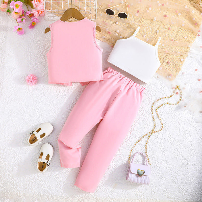 Girls Pink Rose Applique Waistcoat With Crop Top & Trousers Set 3 pc. Sets