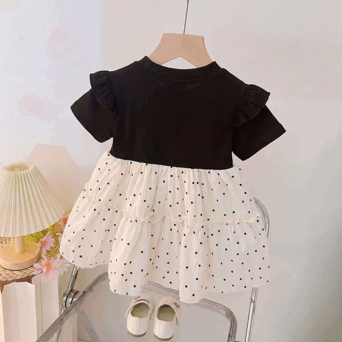Girls Black Polka Dot Printed Short Sleeve Fit & Flare Dress with Embellished Neck Casual Dresses